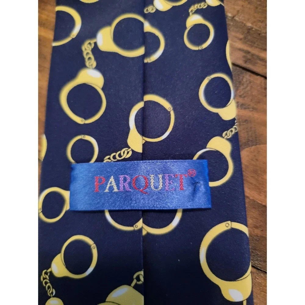 Parquet Navy Blue Gold Handcuff‎ Print Silk Blend Necktie